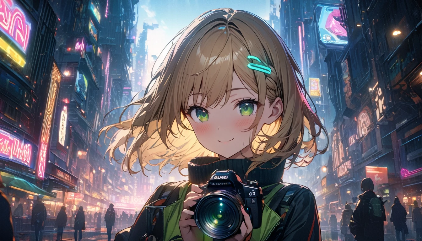 one girl, blonde short hair and bob hair、a braid, I tied my hair in a bun with a hair clip..、beautiful green eyes、smile、gentle smile on her face、flat chest, one Beautiful girl,((masterpiece, illustration, best quality) ((ultra-detailed)),The setting is a futuristic city lit up by neon lights. The environment is stimulating and adventurous. The camera settings are、A digital camera with a low ISO setting. This lens is a medium aperture zoom lens.. , 濃い青とBeautiful Blueのグラデーション, High resolution, 8K HD detail, hyper-detail, cinematic, surrealism, soft light, deep field focus bokeh, ray tracing and surrealism. --v6