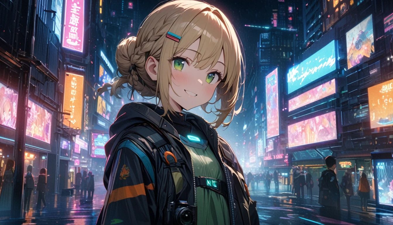 one girl, blonde short hair and bob hair、a braid, I tied my hair in a bun with a hair clip..、beautiful green eyes、smile、gentle smile on her face、flat chest, one Beautiful girl,((masterpiece, illustration, best quality) ((ultra-detailed)),The setting is a futuristic city lit up by neon lights. The environment is stimulating and adventurous. The camera settings are、A digital camera with a low ISO setting. This lens is a medium aperture zoom lens.. , 濃い青とBeautiful Blueのグラデーション, High resolution, 8K HD detail, hyper-detail, cinematic, surrealism, soft light, deep field focus bokeh, ray tracing and surrealism. --v6