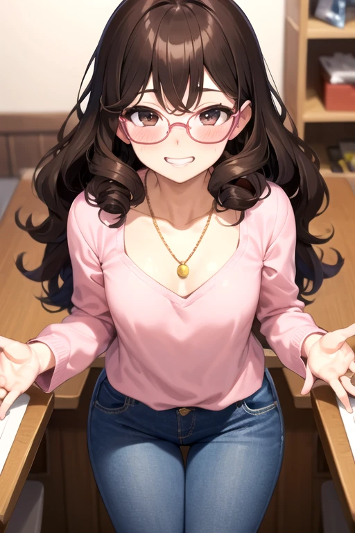 Kizi, アニメ, very curly hair, curls, curls, dark brown hair, long hair, hair flying, Caucasian skin, brown dark eyes, round golden glasses, little pink blouse, jeans, small gold necklace, cheerful grin, pinky skin, blush cheeks, sexly, nudes