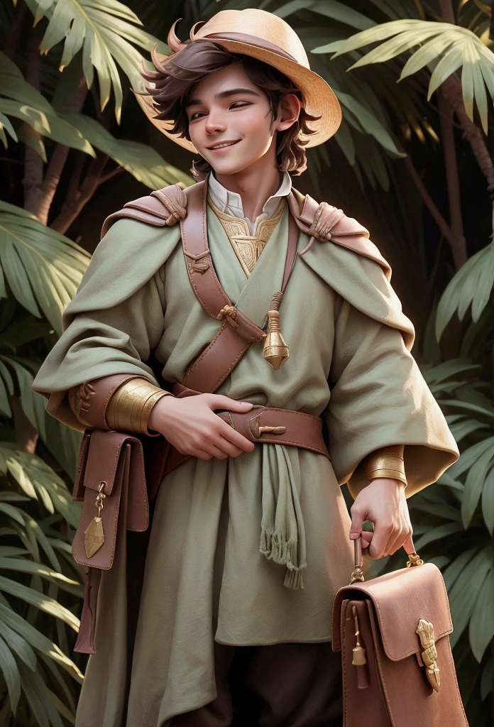 generates an image showing a young man with a happy expression, wearing period clothes. He wears a golden brown tunic with a green cloak over it.. A small bag is hanging on his right shoulder, and he has a bag held by a leather strap around his body. Ao fundo, there is vegetation, suggesting an outdoor setting in a desert or hot climate region. The palm tree in the background reinforces this idea. The man appears to be in a historical or biblical setting, possibly representing a figure from an ancient era.