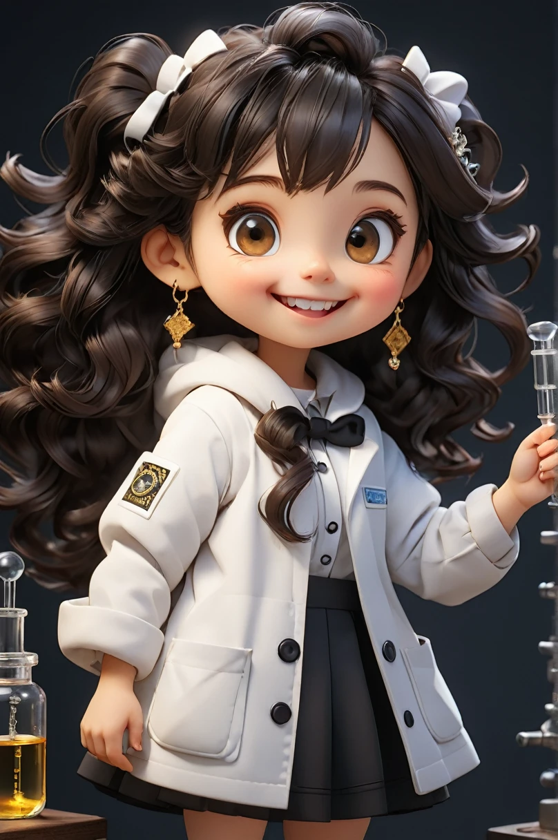 (((Chibi Baby UHD)))Chemistry remains with its original characteristics (your eyes are the color of honey ) (chibi wears 1 pearl ball earring )MASCOT and , atoms, Molecules ,Has black hair , Blind box style and model with popular market style, The sunlight shines, , hyper qualit, sharp features, Ultra HD and 8K resolution,Cool Hand Drawn Illustration，fly away (Inside out disgusting), Create a series of best quality cute chibi dolls,ultra details,realisitic,Science Laboratory,Chemical experiment,ultra HD, chemical equipment,scientists working,cups,UHD Bunsen Burner ,Microscope,laboratory glassware,measuring cylinders,labcoats,Round nerd glasses ,science books,Periodic table,scientific research,discoveries,new inventions,Innovation,aprendizagem,education,Scientific culture wears coat with details of buttons and brooches , her coat is charming and cute with ultra chemical details ,Curiosidade,Technological advancements,swirly vibrant colors,soft lighting,modern laboratory,nerdy atmosphere,laboratory instruments,hypothesis testing,Scientific method,symbolic representation,Critical thinking,Experiments ,Precision,Precision,details Intricate,impressive scientific setup,natural elements,exploration of the mysteries of science,unlocking the secrets of nature. Baby chibi is happy and excited, remember to use chemical laboratory glassware, The blackboard behind the cute chibi baby is written the structure of caffeine in white chalk 18K UHDBlack hair, pretty long hair, American propaganda poster, shine light, 3D rendering, laughter,