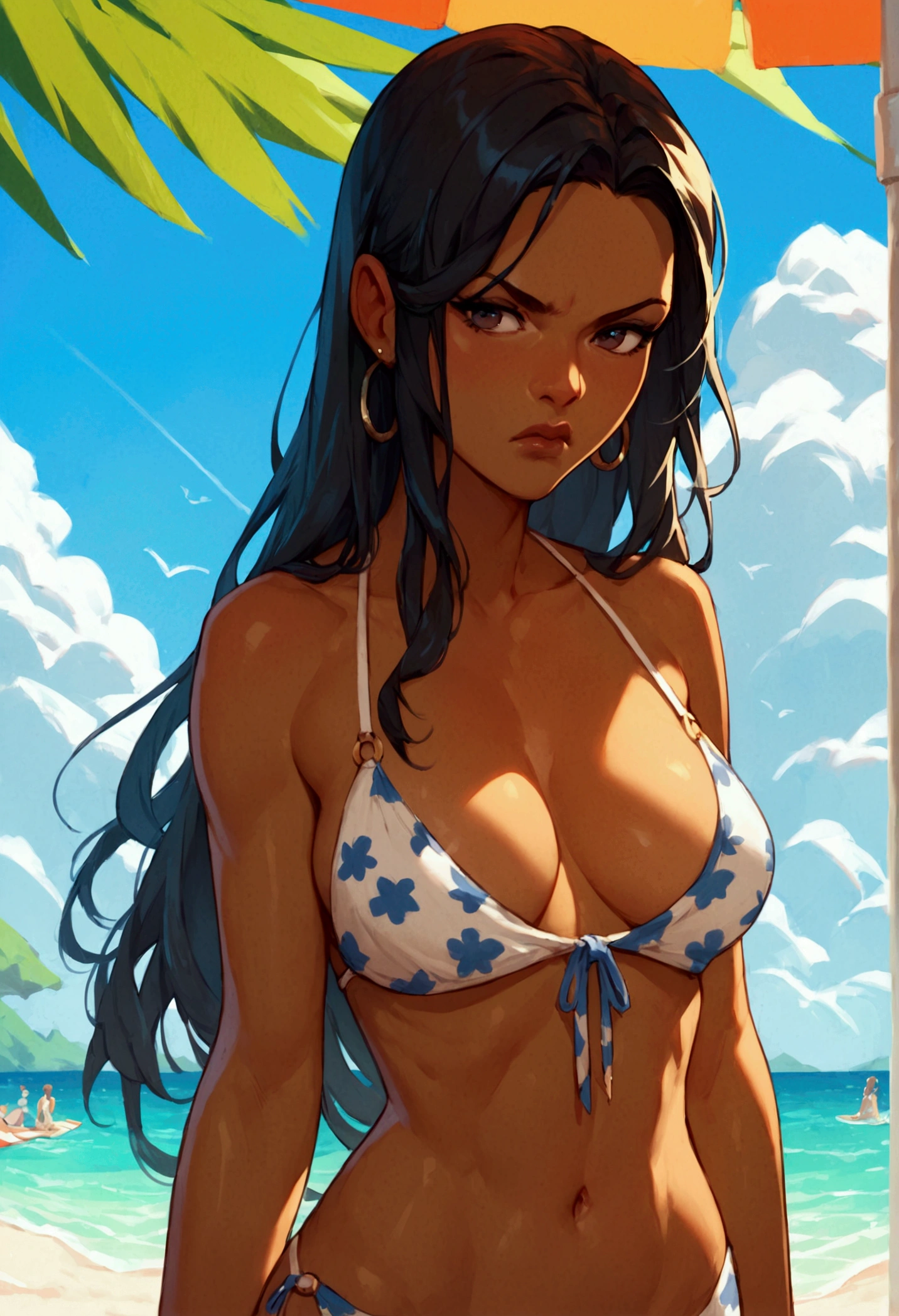 score_9, score_8_up, score_7_up, score_6_up, masterpiece, centered, naked, 1girl, long hair, dark skinned, dark eyes, beach background