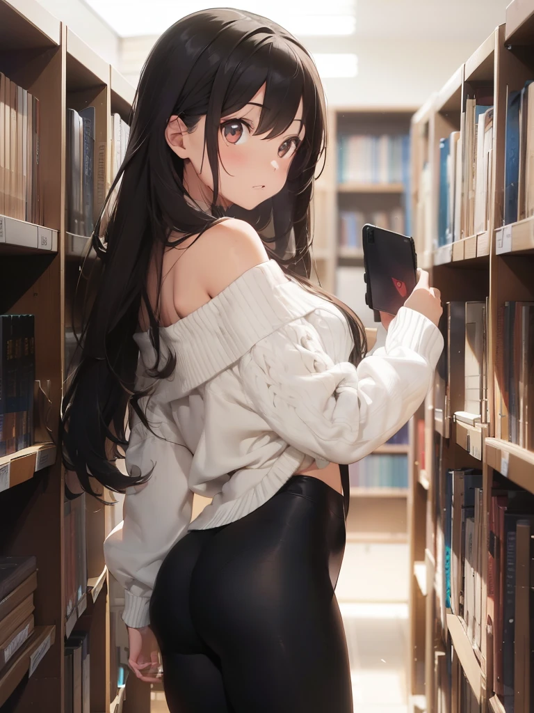 1girl, long brunette hair, brown eyes, white off-shoulder sweater, black spendex waist leggings, standing in a library, pretty, hot, absurdres, high res, ultrasharp, 8K, masterpiece, looking at viewer from behind