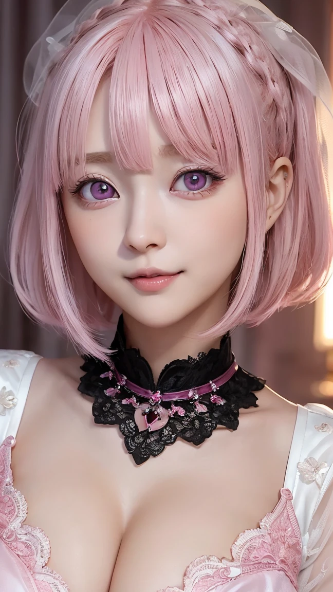 (4K quality:1.3),(Highest quality:1.3),(19 years old:1.3),(Large Breasts:1.6),(albino:1.2),Overdeveloped breasts:1.6,Big Breasts:1.6,世界一Large Breasts,Extra large chest:1.3,One of the largest breasts in the world,Saggy breasts,rich,Upper Body,smile,Overflowing breasts,(jewelry),Captivate a man,Cleavage,(Pure white wedding dress:1.5),(Celebrities:1.4),(thin:1.2),(Tight waist:1.4,(Night viewの良いホテル:1.1),(luxury:1.2),(Arisa Hanyu:1.5),(anorexia:1.4),(Night view:1.3),(Close up on face:1.2),Catchlight,(Child face:1.6),(smile:1.1),(Lori:1.5),(Pink Hair:1.6),(Short Hair),(Deep pink eyes:1.4),(2D cuteness:1.5),(Cute Makeup),Beautiful fingertips,Black lace collar