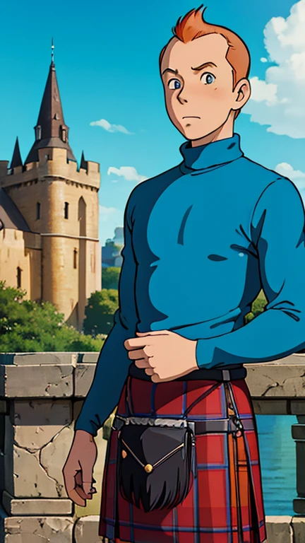 (Teens:1boy: Tintin,s_kilt), (extremely detailed CG unit 8k wallpaper),(master part), (best quality), (ultra detali), (best illustration),(melhor ombre), cowboy shot, (Sharp eyeliner, ombre, detailed eyes:1), castle ruin in the background ,break , (ghibli style), upper body,short hair, orange hair, blue long Sleeve turtleneck sweater 