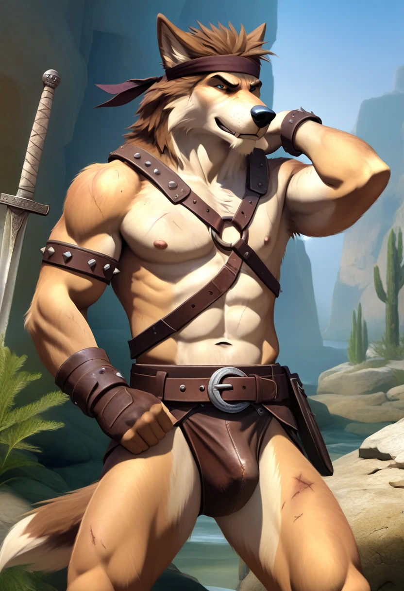 Solo Sexy anthro furry wolf male; ancient Mediterranean desert warrior; slim mesomorph handsome model apperance apperance; boy's messy short hair headband; sexy toned muscules; sword scars; worn out rusty sexy skimpy armament. He has low on hips heavy leather studded heavy belt. he has narrow in the crotch very old worn out jockstrap (smelly jockstrap fetish); His jockstrap it is made of old white linen material sewn together from a few pieces, it has never been washed, it is dirty and has stains from secretions of dried semen and sweat; His armor is old heavy brown harness with armlets studded with spikes; he has old brown leather BFR Bands on Biceps and his thighs, he has old worn out fingerless leather gloves. His armor is in ruin, it is very very old and dirty, rusted, dirty, old worn out, rusty breastplate. Even though he is a handsome and sexy man, he has a sloppy appearance, has disheveled unwashed dirty fur, dirty body look. he smells, he has stains from old blood, dirst, cum, mud, smelly furr, disgusting bastard looking.He stands proudly bravely with one foot on a higher stone in the Mediterranean sunny pine forest; he has a proud, threatening and defiant expression on his face, with little dirty dangerous smile;