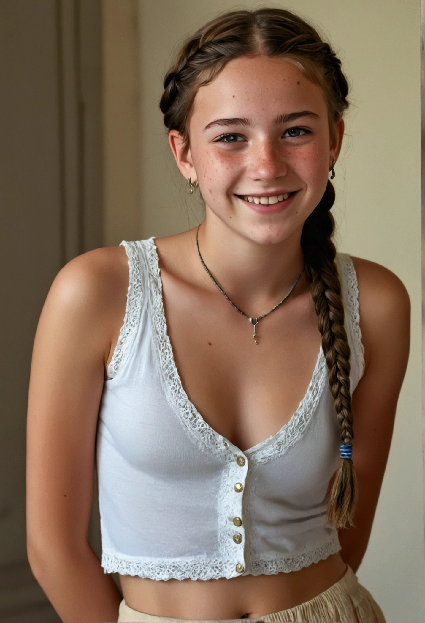 12 year old girl with medium length brown hair, children's pigtails hair, Caucasian facial structure, a beautiful smile on her face and a deep look, she in a short tight red dress, bare shoulders, visible nipples, marked nipples, she in a apartment, full body view