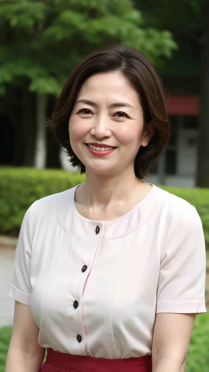 Standing in the park, Wrinkles around the eyes, Smiling with teeth showing, Plain short-sleeved clothing, senior citizen, Draw lips correctly, Red lipstick, No discomfort, 16K, Highest quality, Very detailed, Realistic, Very detailed肌, (Japanese), (alone), 60 years old, Large Breasts, , Glamour, sexy, Chromo White Skin, Staring straight ahead,