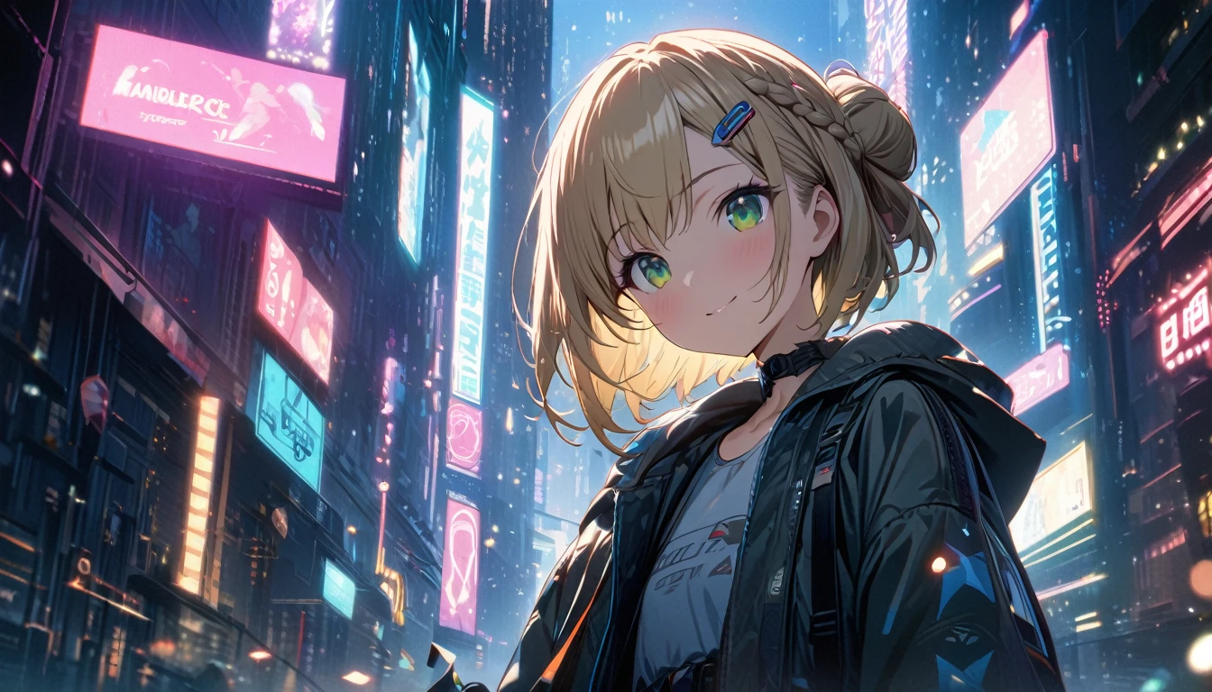 one girl, blonde short hair and bob hair、a braid, I tied my hair in a bun with a hair clip..、beautiful green eyes、smile、gentle smile on her face、flat chest, one Beautiful girl,((masterpiece, illustration, best quality) ((ultra-detailed)),The setting is a futuristic city lit up by neon lights. The environment is stimulating and adventurous. , 濃い青とBeautiful Blueのグラデーション, High resolution, 8K HD detail, hyper-detail, cinematic, surrealism, soft light, deep field focus bokeh, ray tracing and surrealism. --v6
