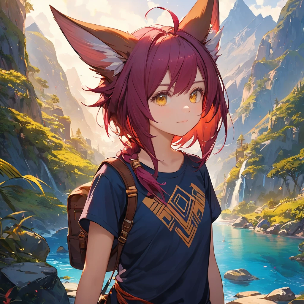 Xayah,t-shirt, animal ears, yellow eyes, tunic, stunning, hair over shoulder, hoodless, beautiful, 4k, high_definition, detailed, teen, small, explorer, adventurous