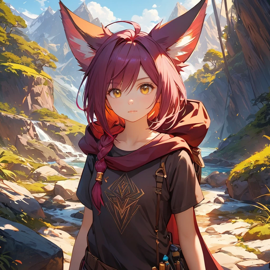 Xayah,t-shirt, animal ears, yellow eyes, tunic, stunning, hair over shoulder, hoodless, beautiful, 4k, high_definition, detailed, , small, explorer, adventurous