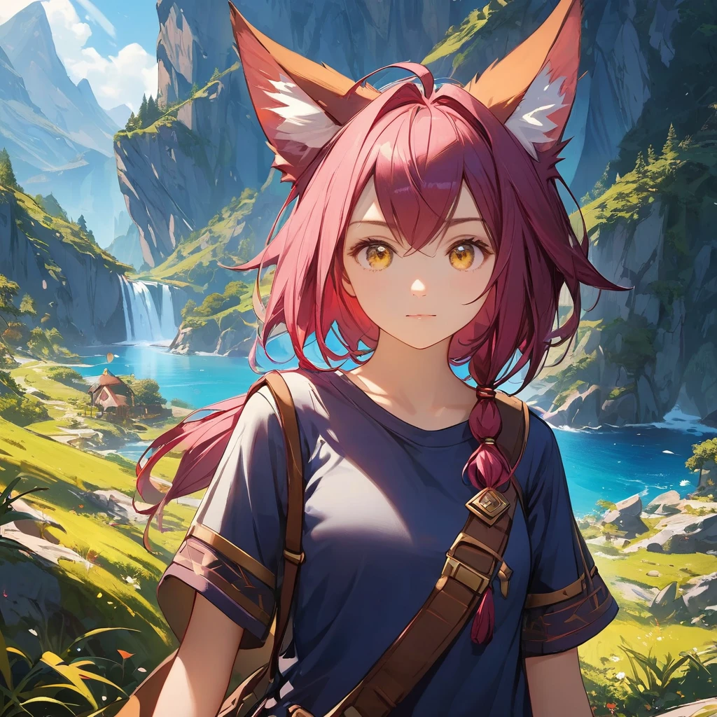 Xayah,t-shirt, animal ears, yellow eyes, tunic, stunning, hair over shoulder, hoodless, beautiful, 4k, high_definition, detailed, teen, small, explorer, adventurous