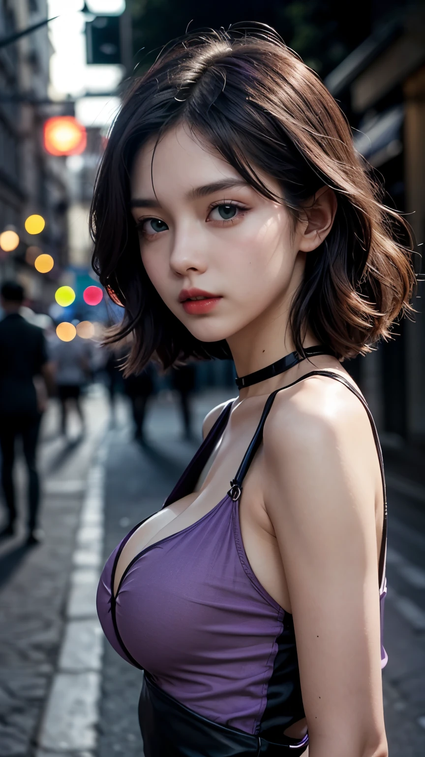 woman wearing (((loose small thin high cut deep cut short ((red black and lilac dress))))) revealing ((((([Flat Breast:breasts big:0.8])), blackout gothic eyeshadow, Red lips)), sideboob), (deep decolte),breasts big (extremely short hem), posing on the street in Paris, at night, tenebrosa, fit female detailed body and face, highly detailed expressive , dynamic pose, Space above the head, Depth of field, ultra realistic, Fujifilm, break (clear green eyes, tenebrosa hair)(perfects eyes) perfect hands)