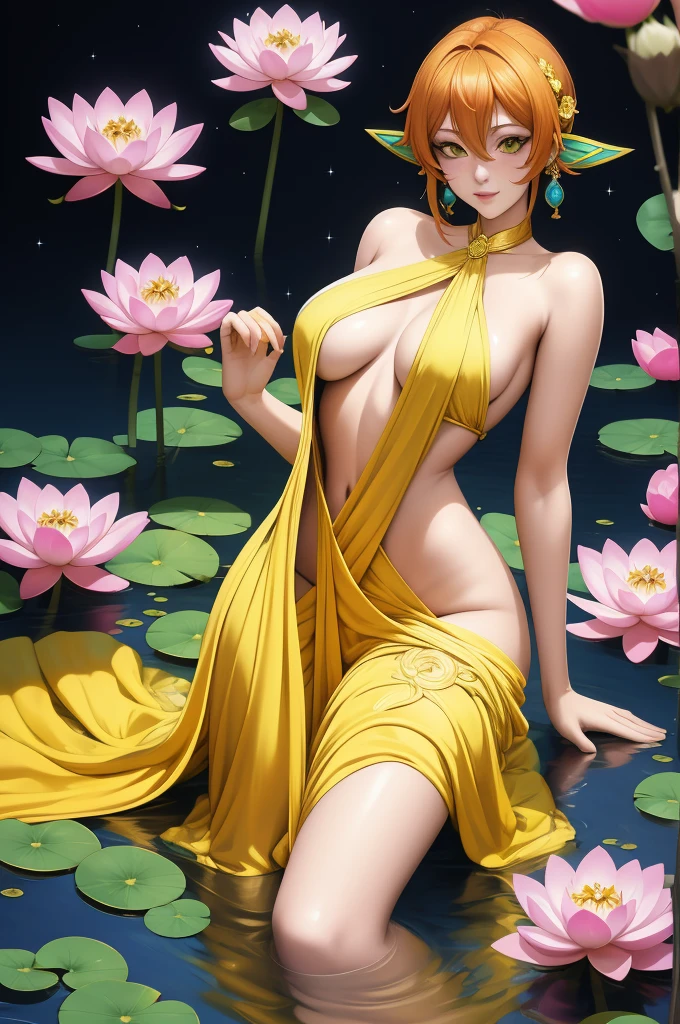 Exquisite and charming anime style illustration, Nami cat fusão com "Broly sexy" dark fênix in the lotus flower bed, a beautiful girl with gold yellow neon fire hair, red big perfect eye, half body, hiding in the flowers dark black , colorful and dazzling black . Intricate details, rendering and painting techniques come together to create a mesmerizing scene that evokes elegance and otherworldly elegance.