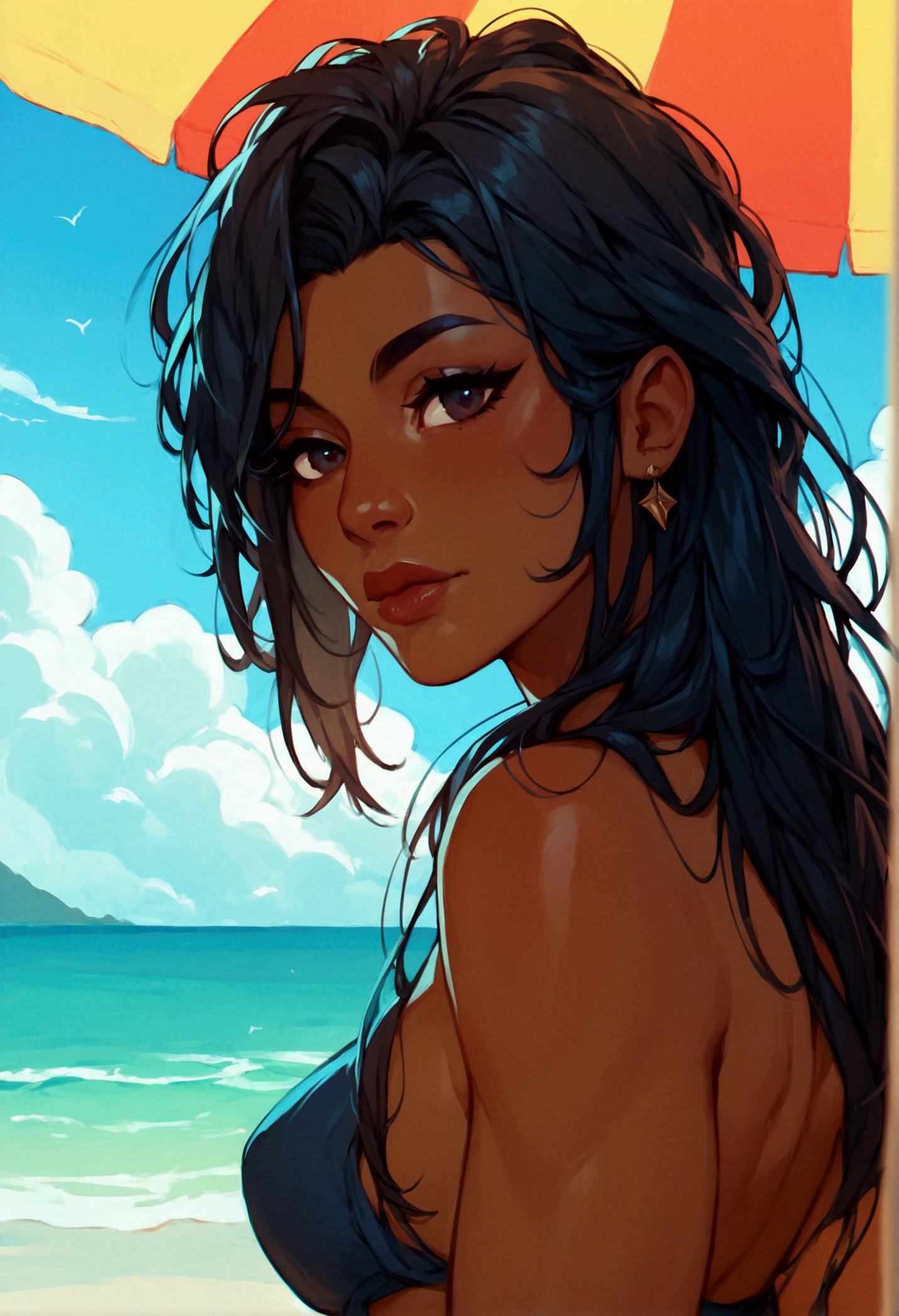 score_9, score_8_up, score_7_up, score_6_up, masterpiece, centered, (naked), 1girl, long hair, dark skinned, dark eyes, beach background