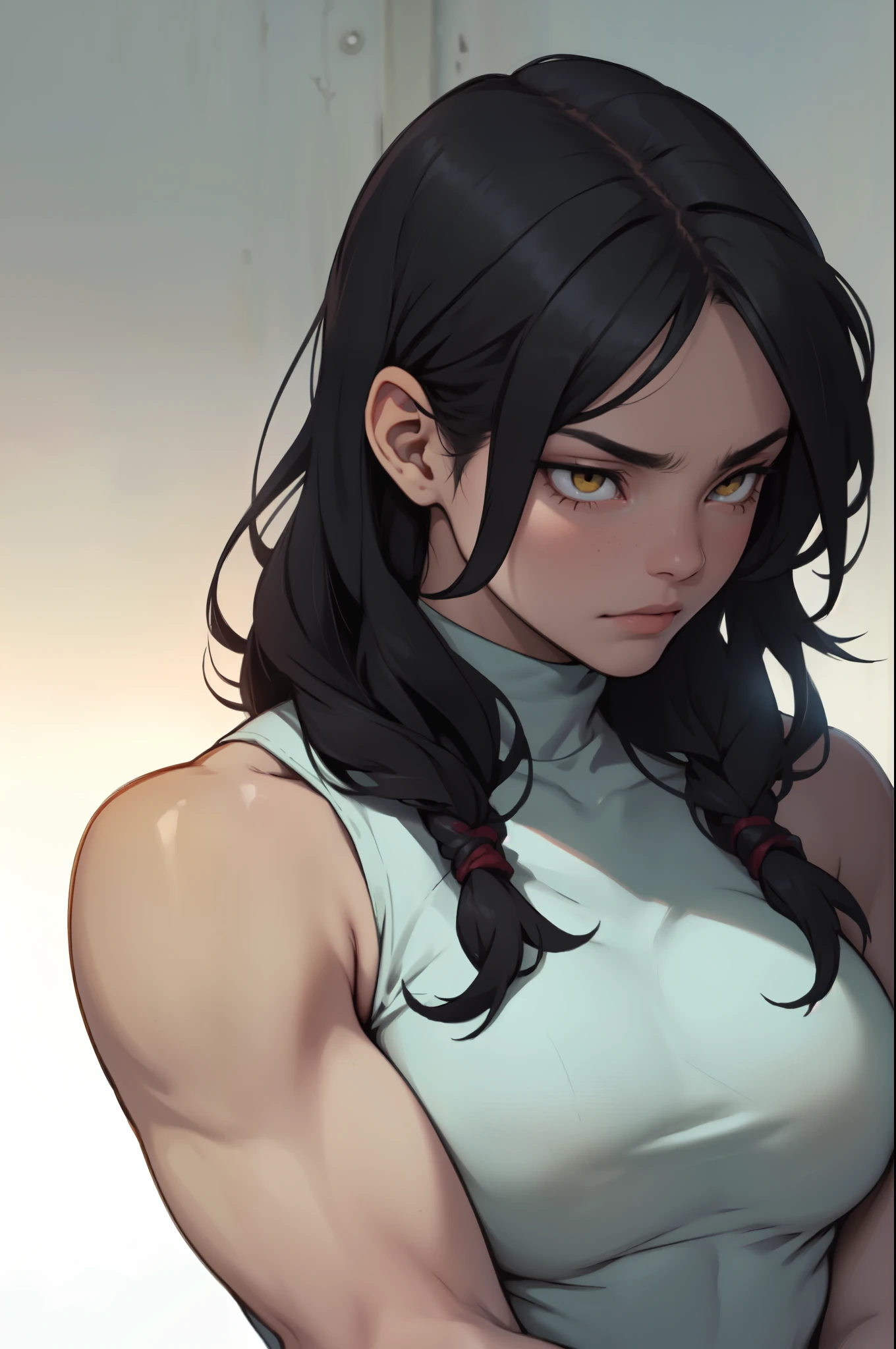 slender girl thick muscular girl black hair yellow eyes pale skin sad girl sad