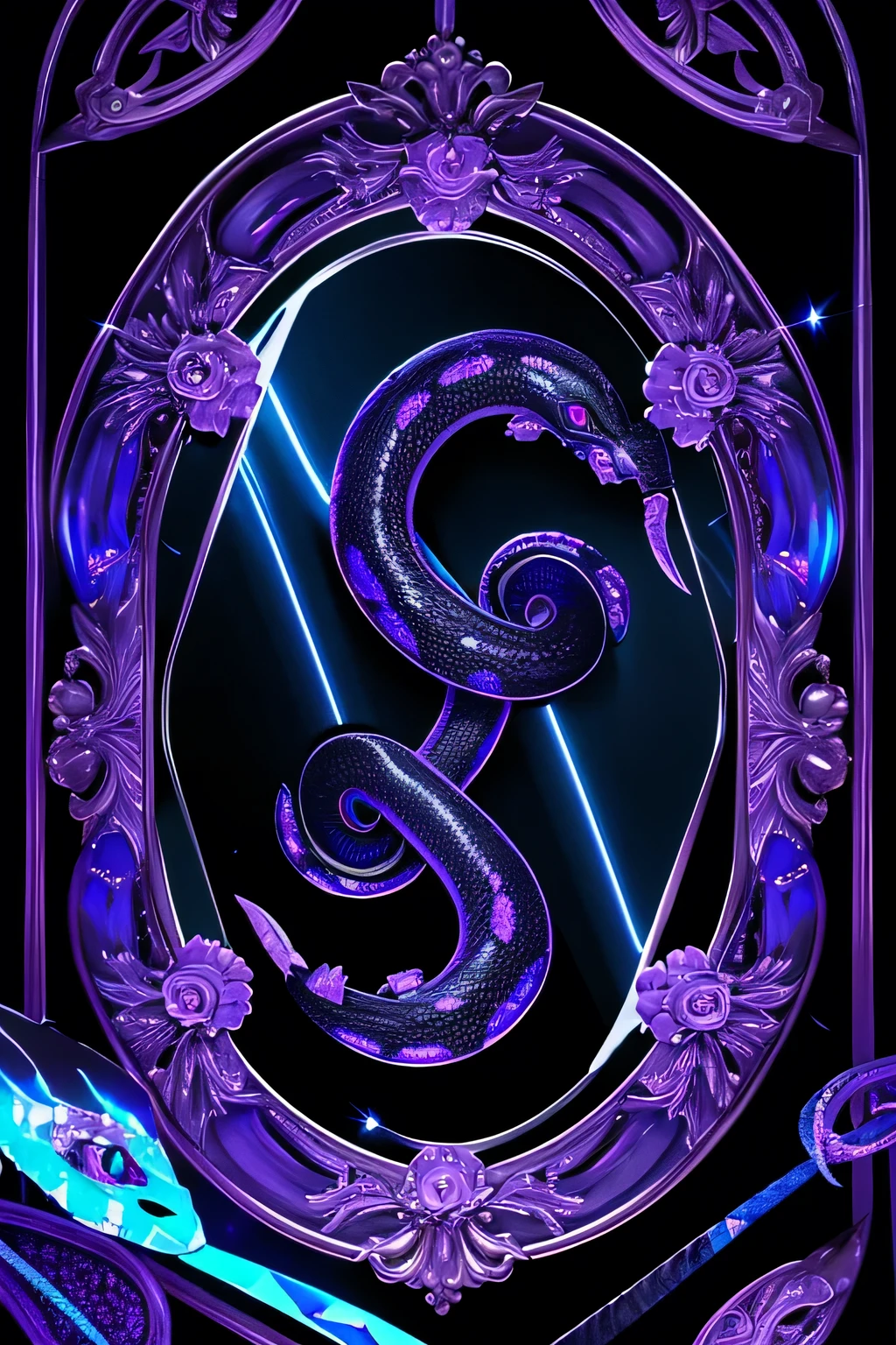 broken mirror showing a black snake with glowing purple eyes and some blue scales
