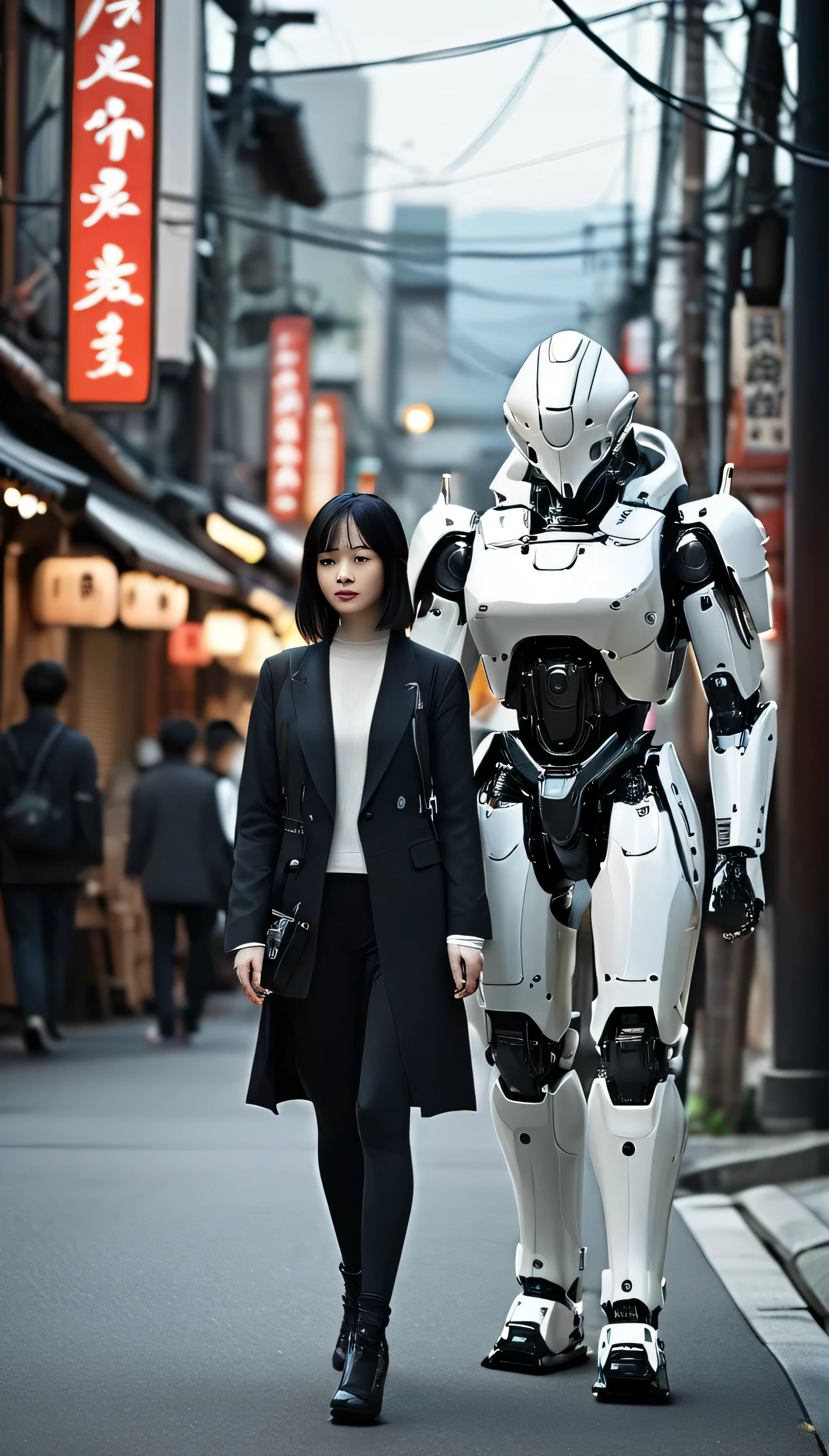 Girl walking on the street holding a phone texting, , walking next to a highly detailed and realistic samurai robot bodyguard with humanoid features. The setting is an urban street that appears to be in Japan, with a background of bright city lights and signs. The contrast between traditional clothing and futuristic robots will be striking, emphasizing the blend of historical culture with cutting-edge technology.katana ,jang nara.