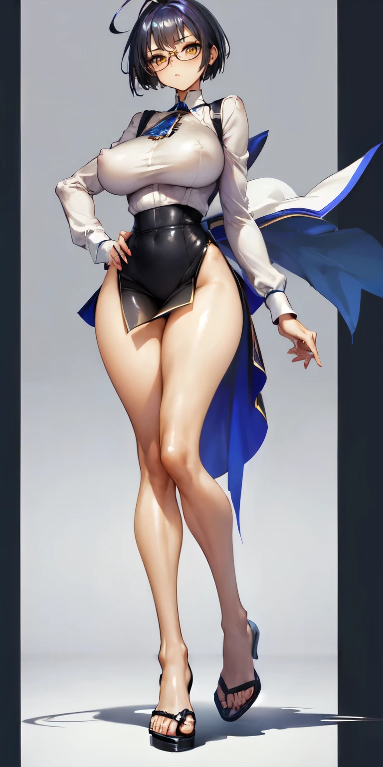 8k, (full body shot:1.3), (vibrant shadows), detailed eyes, full height, (high quality), high detailed background, (realistic shadows), HD shadows, masterpiece, high detailed face, high detailed finger, older girl, (glasses:1.2), (dark blue hair:1.3), (huge ahoge:1.4), (big yellow eyes:1.3), (disheveled short hair:1.3), bob cut, (skinny body:1.4), (slim waist), (narrow hips:1.1), (slim and fit legs:1.3), (realistic style), curvy, fake lips, famous pornstar, dressed in a flared micro skirt and a cropped tight white blouse with a large neckline, fakebreasts