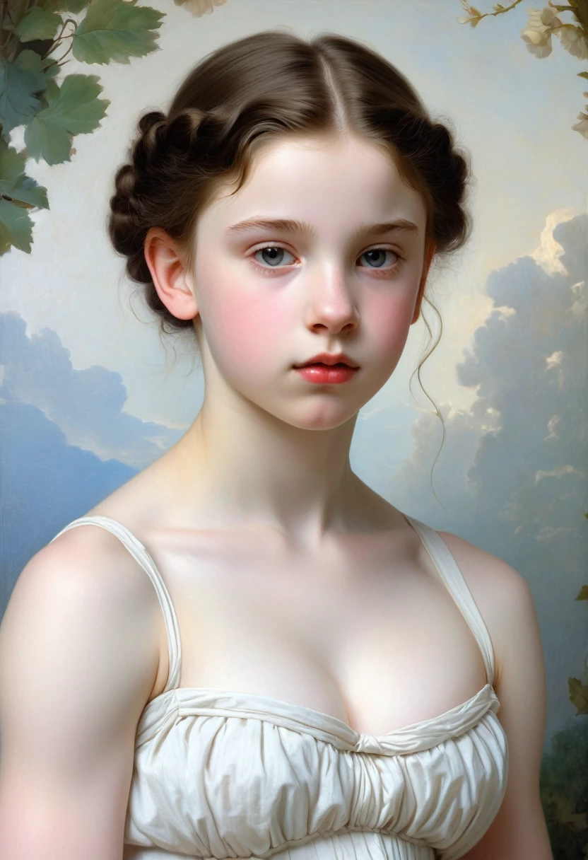 pale skin muscular brunette  girl huge breasts in the style of William-Adolphe Bouguereau