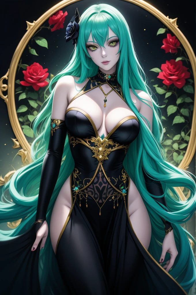 Exquisite and charming anime style illustration, Nami shark fusão com "Vampira xman" dark fênix in the roses black flower bed, a beautiful girl with gold yellow neon fire hair, fine green eye, half body, hiding in the flowers dark black , colorful and dazzling black . Intricate details, rendering and painting techniques come together to create a mesmerizing scene that evokes elegance and otherworldly elegance.