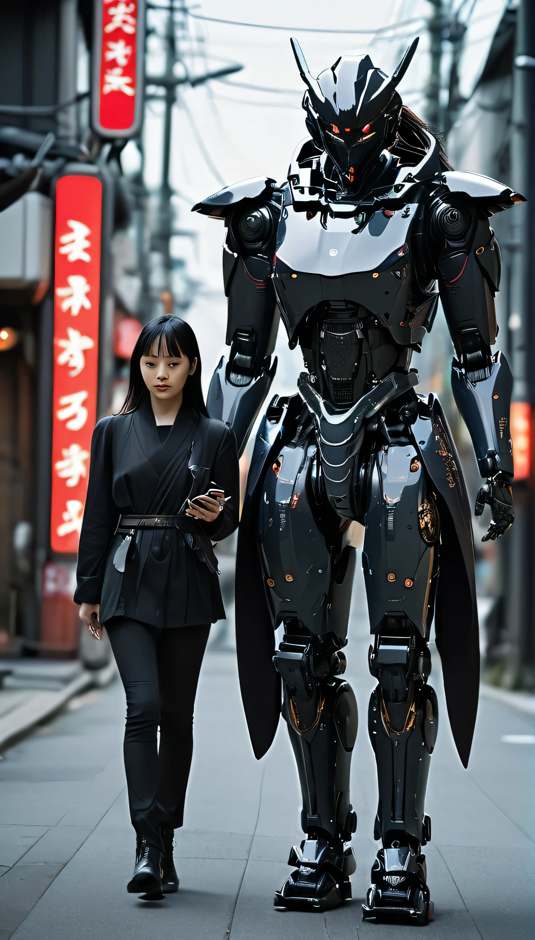 Girl walking on the street holding a phone texting, , walking next to a highly detailed and realistic samurai robot bodyguard with humanoid features. The setting is an urban street that appears to be in Japan, with a background of bright city lights and signs. The contrast between traditional clothing and futuristic robots will be striking, emphasizing the blend of historical culture with cutting-edge technology.katana ,jang nara.