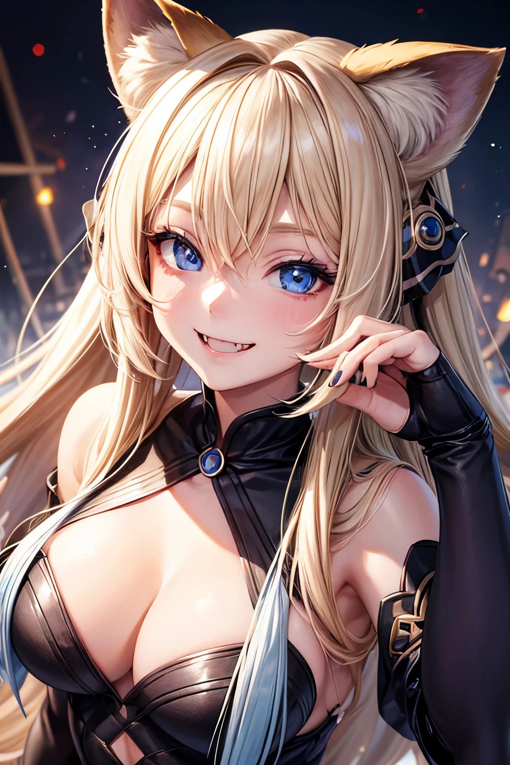 1 girl, , Blue eyes, blonde hair,raccoon ears, Smile, language, makeup, fangs, background blur, anime, long hair,