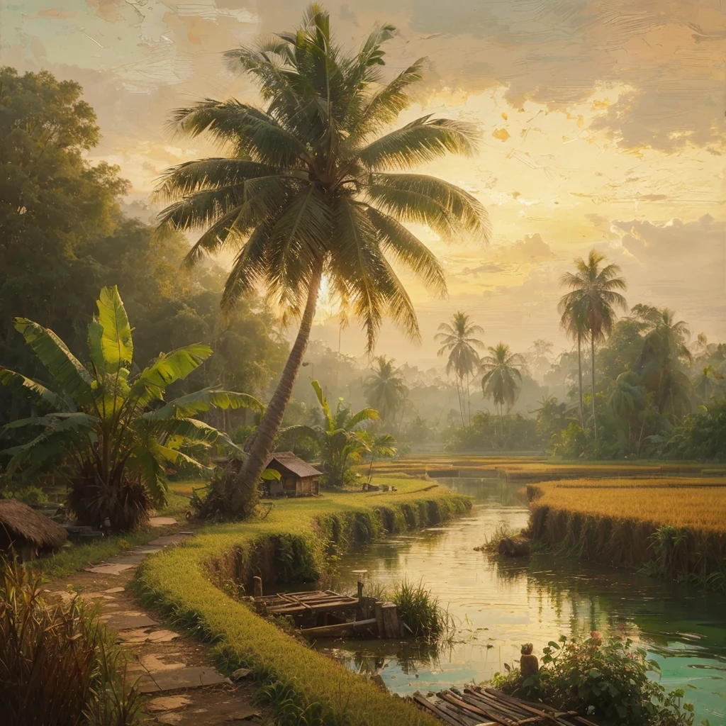 pallet knifehard palette painting, in a village in Kalimantan, Indonesia, there was a village community in 1935, several simple wooden houses with black thatch roofs , there is a forest, tall trees with big roots and low trees, banana tree, little human activity, dressed modestly, it started to get dark in the afternoon, there are rice fields and small lakes, Real picture, naturalistic, canvas base, palette knife, Raden Saleh style 1930 era., Affandi style."