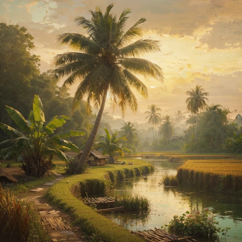 pallet knifehard palette painting, in a village in Kalimantan, Indonesia, there was a village community in 1935, several simple wooden houses with black thatch roofs , there is a forest, tall trees with big roots and low trees, banana tree, little human activity, dressed modestly, it started to get dark in the afternoon, there are rice fields and small lakes, Real picture, naturalistic, canvas base, palette knife, Raden Saleh style 1930 era., Affandi style."
