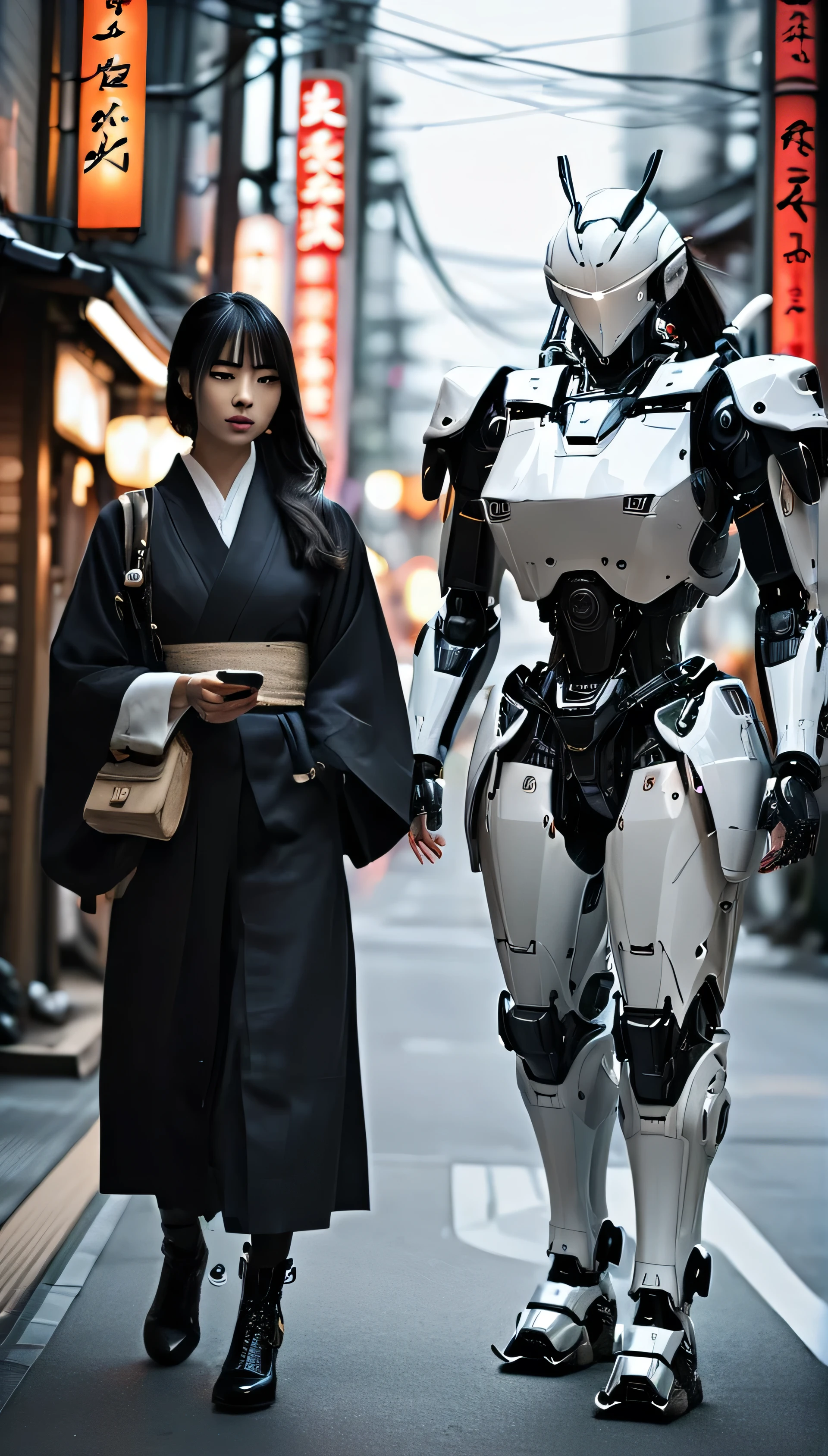 Girl walking on the street holding a phone texting, , walking next to a highly detailed and realistic samurai robot bodyguard with humanoid features. The setting is an urban street that appears to be in Japan, with a background of bright city lights and signs. The contrast between traditional clothing and futuristic robots will be striking, emphasizing the blend of historical culture with cutting-edge technology.katana ,