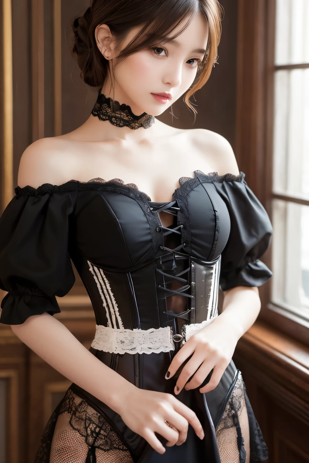 In the center of this image、There is a beautiful young woman with a calm and warm expression.。She has short, loosely curled brown hair.、Natural makeup with pink tones、Highlights delicate features。Her outfit is a gothic style dress.、Black lace choker with silver pendant、Off-the-shoulder black sleeves with lace detailing、Features a silver corset that cinches the waist。The corset has intricate lacing details、It contrasts beautifully with a voluminous black skirt embellished with lace and ruffles.。The background is blurred、It gives the image a dreamy and fantastical feel.。The setting is a luxurious, vintage-style room.、Soft lighting and large windows let in natural light、Highlights the model's features and outfit。