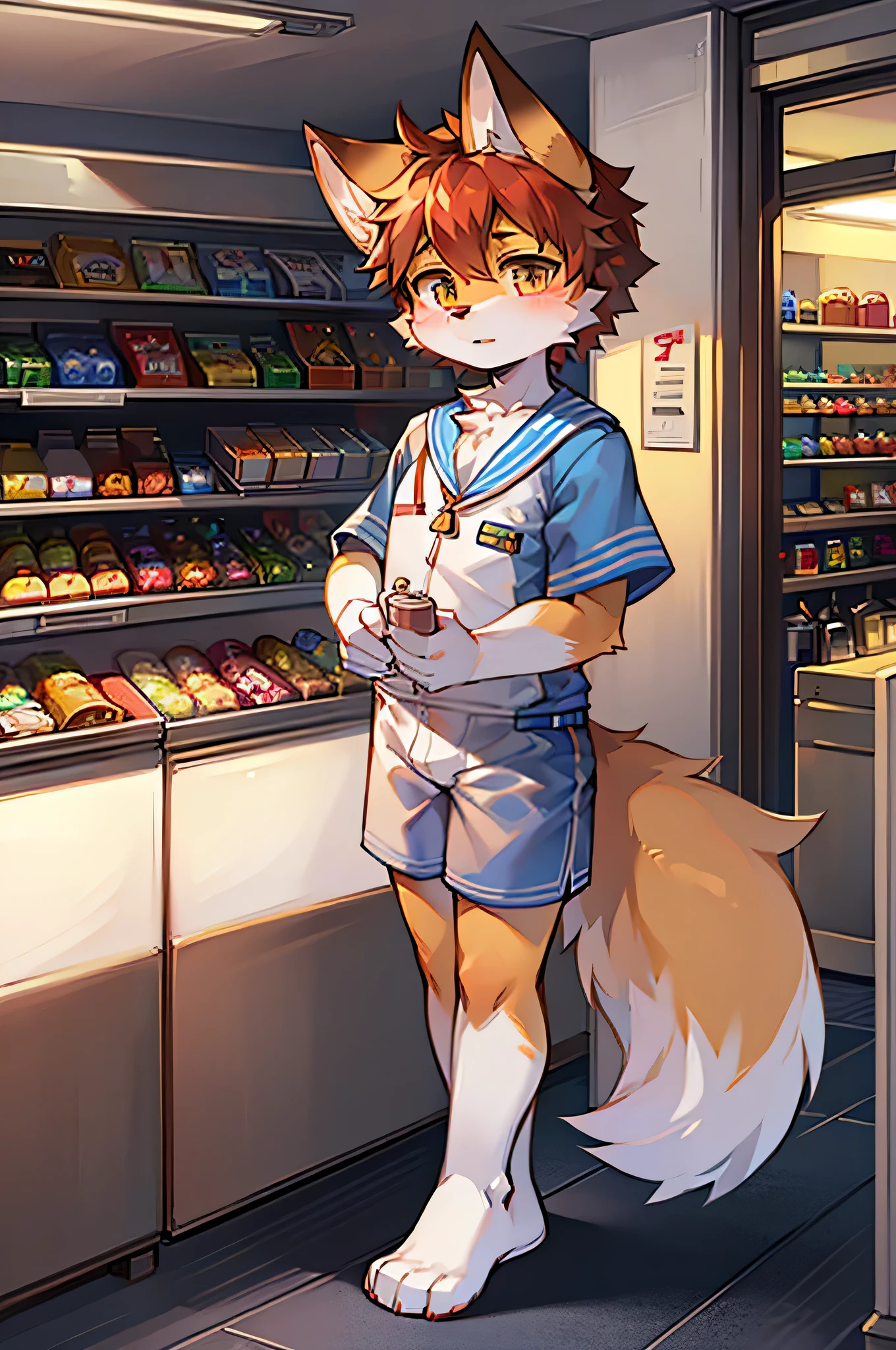 bright interior，fox boy，male focus，furry men，Characteristics of a three-year-old boy，One meter three height，Bright Eyes，skin，White limbs，Sailor suit，Sailor suit，shorts，Convenience store background