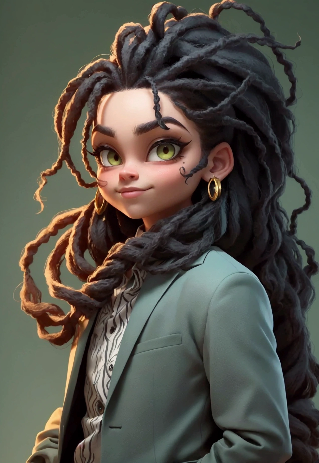 In this amazing image, we have a caricature of a man with long, thick dreadlocks, emanating an aura of trust and authenticity. Your face is expressive, with wide eyes and arched eyebrows, conveying a mixture of surprise and curiosity. He wears a casual gray shirt, with a modern and elegant jacket, completing a contemporary and cool look. The lighting perfectly highlights the details of your face and hair, against a dark green background that complements the whole in a harmonious way. This character is the embodiment of style and attitude, reflecting a vibrant and dynamic personality.