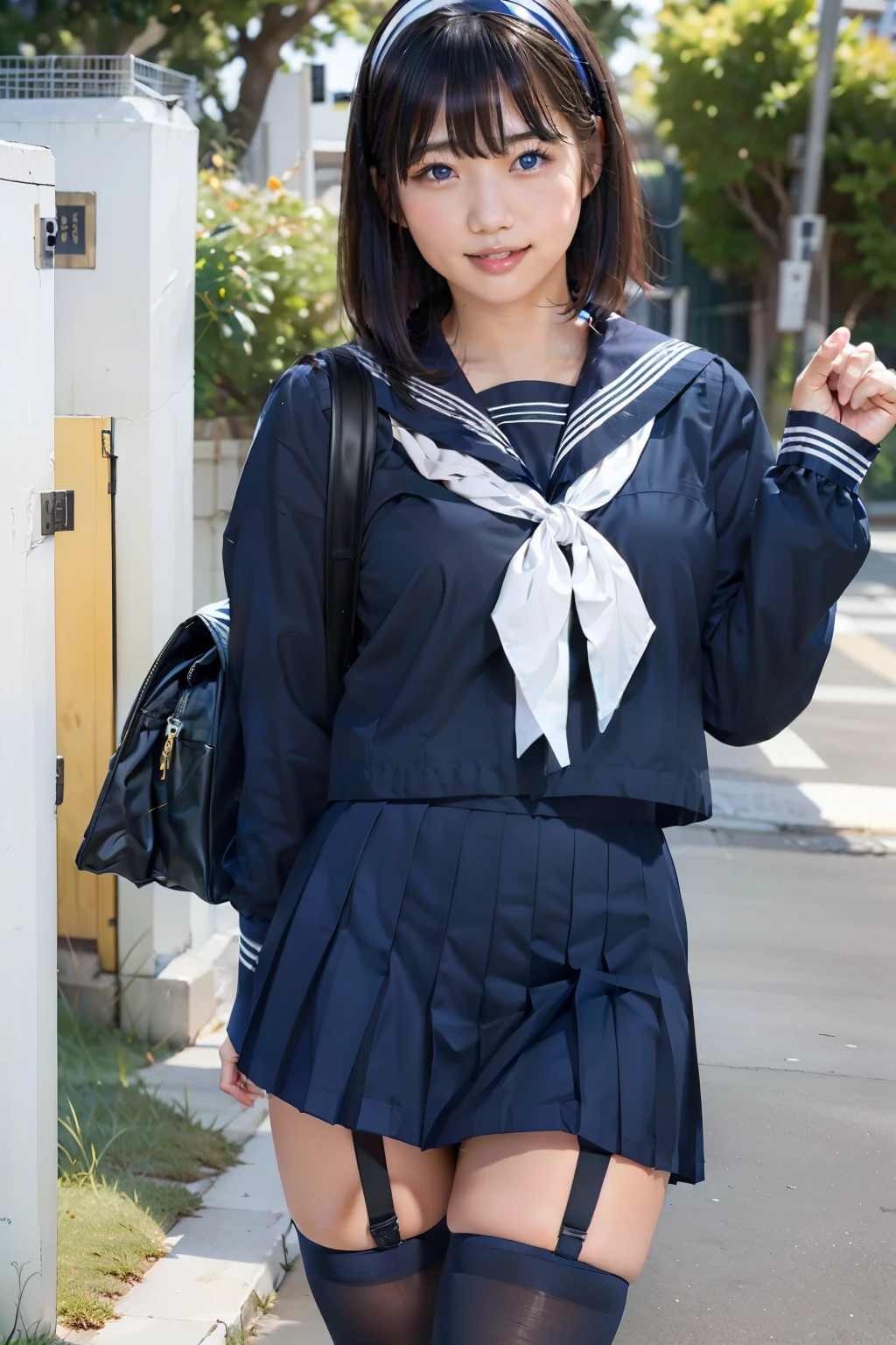 sailor uniform, One Woman, (Beautiful woman, delicate :1.3), Black Hair, bob cur hair, Patsun, 8k, Highest quality, masterpiece, Very detailed, Ultra-high resolution, Realistic, RAW Photos, Absolute Resolution, face is small compared to body (4:1), Very small face (4:1), The face is balanced, Black Hair, Navy blue sailor suit, Dark Blue Skirt, High school girl in sailor uniform, Realistic high school girl, (White headband:1.4), Small breasts, expensive, Slanted Eyes, Bright Blue Eyes, (In front of the school gate), (Black Stockings:1.4), (black garter belt:1.4), Open your mouth, smile, stand, School bag on shoulder,