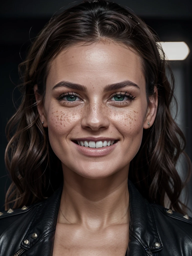 A beautiful woman, 42 years old, British, with an average stature and a symmetrical, medium chest, looking directly at the viewer with glowing, radiant skin and wavy, chestnut brown hair cascading in waves. She has high cheekbones that give her face a beautifully sculpted look, a straight, slender nose, and full, well-defined lips with a natural rosy tint. Her skin shows natural variations in tone with subtle hints of a warm tan, a natural blush on her cheeks, and a slight sheen on her forehead and cheekbones, catching the soft sunlight. Fine lines around her eyes and mouth add to her expressive, joyful smile. She is wearing a leather jacket with studded embellishments. The scene is set in an edgy studio with graffiti walls. She is a rebellious spirit breaking free from societal norms, embodying the essence of punk rock with bold makeup, wild hair, and a defiant attitude. Her green eyes with an intense gaze, framed by long, thick eyelashes, sparkle with happiness, and her full, beautifully shaped lips accentuate her joyful expression. Her skin is highly detailed with visible pores, slight freckles lightly scattered across her nose and cheeks, and the soft texture enhanced by the light. The image should be photorealistic and captured in natural light, using high-quality and ultra-detailed rendering techniques, including subsurface scattering, to create a masterpiece with vivid colors, sharp focus, and professional studio lighting. The image should be 4K or 8K resolution, with a beautiful bokeh effect in the background, ensuring the subject is in sharp focus with vibrant and lifelike details.