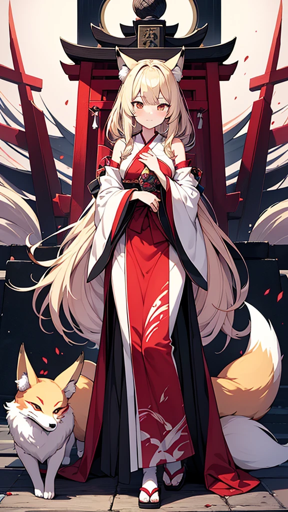 Full body image，{{A fox spirit that took over the body of a shrine maiden and transformed it into her own face and chest.}}，One girl,alone,, Official Art, unity 8k wallpaper, Super detailed, beautiful and aesthetic, beautiful, masterpiece, Highest quality,, Fox Witch, Girl&#39;s face skin Template, Haori, Foxfire Spells, Fox familiar, conversion, NSFW