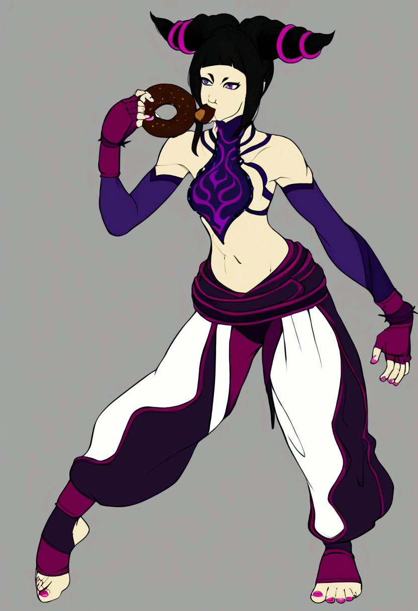 juridgog, eating a donut, purple eyes, black hair, bangs, hair horns, detached sleeves, fingerless gloves, pink nails, toeless legwear, baggy pants, bracelet, halterneck,