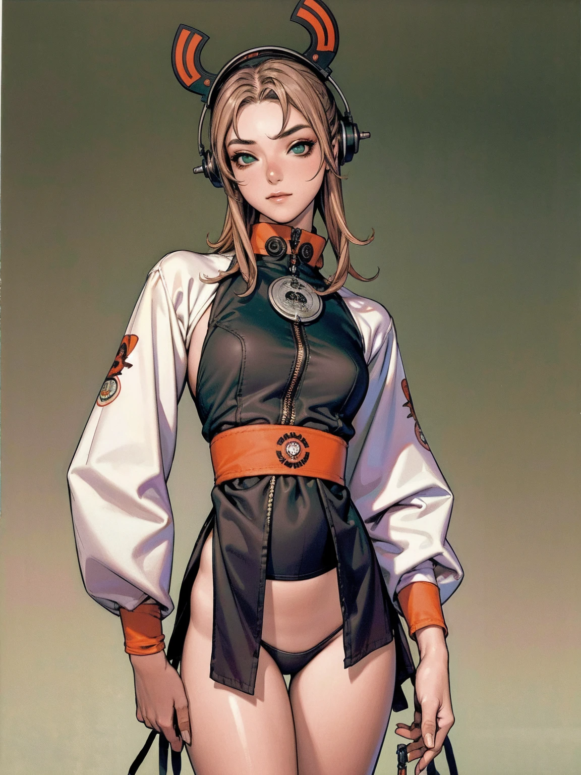 (best qualityer))), (((manga strokes))), (((Headphones))), (((Green devices))), Bunny ears and Googles on the forehead, (((tiny thong shorts))), uma Kizi jovem muito bem vestida com roupas modernas de inverno, short top, short jacket with dark fur collar, beautiful and expressive face, slightly-smile, big eyes with long black eyelashes, heavy make-up, chains and zippers spread across clothes, contrasting colours, pose de atitude, hair with a modern and futuristic cut, urban game poster art, dramatic camera angles, graffiti art elements in the background, design mixing contemporary and retro by Shepard Fairey, (((cowboy shot))), (((best qualityer: 1.4))), (Unbeatable masterpiece), (hiper HD),(CG 8k hyper-realistic), Kizi, (((standing alone))), pirralha violent, ((())), sexly, pose de atitude, work of art, post-apocalypse, (((manga style))), bounty hunter, violent, Manic, the way you want, slenderbody, thin but strong, perfectbody, roupa moderna, advanced technology, neon, sleeves with vertical striped pattern, neutral background, (( cowboy shot )). intricate visual