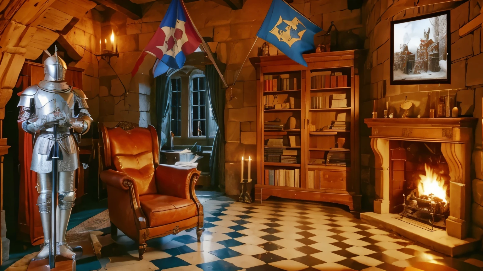a pretty medieval catle room full of medieval castle objects, a heraldic fireplace, medieval book shelf, medieval chairs, a window in winter, fantasy castle, high resolution, a cup of tea, a medieval side cavalier, heraldic flags standart, a frame of cavaliers in wall, Medieval Knight Plate Armor, a cup of the on chair