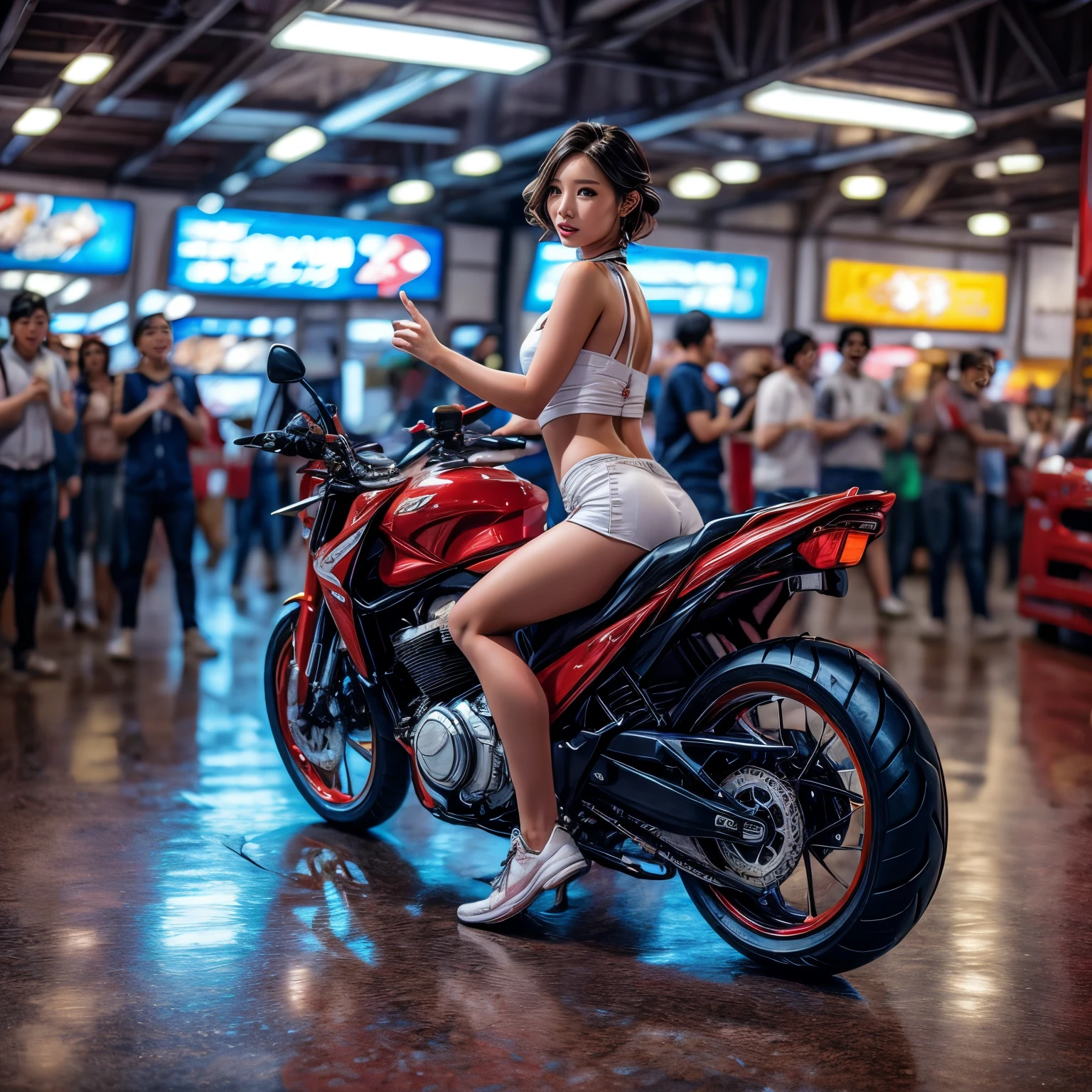 (ExtremelyDetailed((Song Joo A))) clearly visible the shape of Butt, Radiant Ivory Skin with Transparency, motor cycle event girls in sexy costume, Detailed Clothing texture, Full of (motor cycle) . (Full body shot:1.2),Ultra-detailed,grand scale,epic,zoomed out,wide angle. (ExtremelyDetailed Beautiful face) Dynamic Joyful Expressions LifeLike Rendering. (Exposed:0.59) PerfectLighting (TopQuality 8K(masterpiece(ProfessionalPhoto:1.37)))