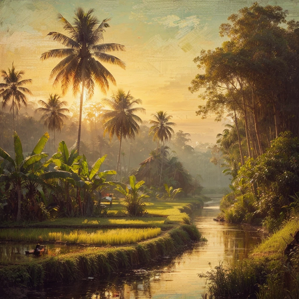 pallet knifehard palette painting, in a village in Kalimantan, Indonesia, there was a village community in 1935, several simple wooden houses with black thatch roofs , there is a forest, tall trees with big roots and low trees, banana tree, little human activity, dressed modestly, it started to get dark in the afternoon, there are rice fields and small lakes, Real picture, naturalistic, canvas base, palette knife, Raden Saleh style 1930 era., Affandi style."