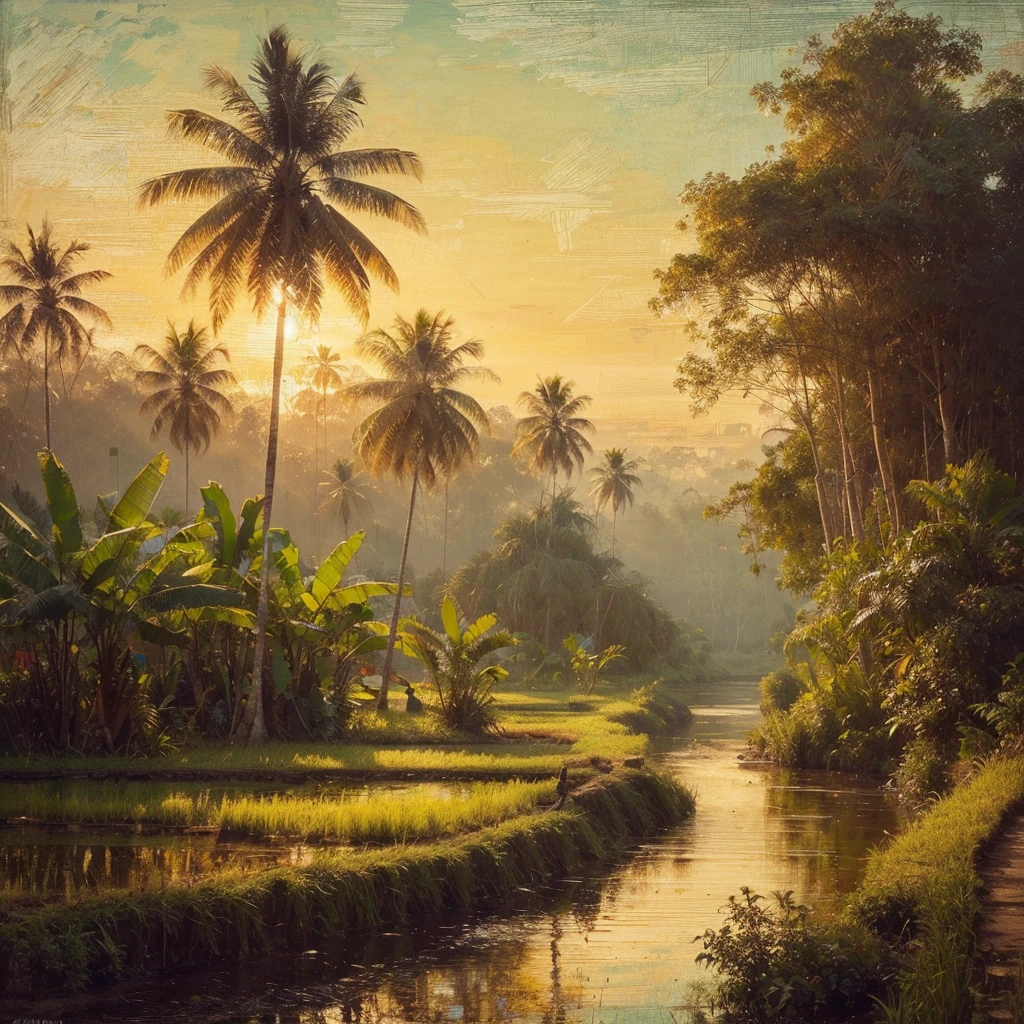 pallet knifehard palette painting, in a village in Kalimantan, Indonesia, there was a village community in 1935, several simple wooden houses with black thatch roofs , there is a forest, tall trees with big roots and low trees, banana tree, little human activity, dressed modestly, it started to get dark in the afternoon, there are rice fields and small lakes, Real picture, naturalistic, canvas base, palette knife, Raden Saleh style 1930 era., Affandi style."