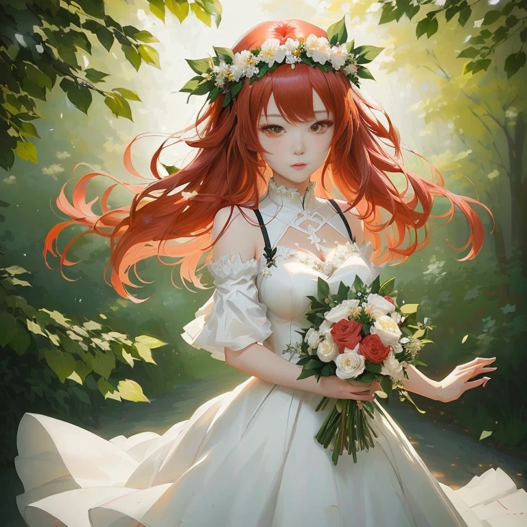 anime girl with red hair and white dress holding a bouquet, guweiz on pixiv artstation, guweiz on artstation pixiv, anime lush john 8k woods, rin, cute anime waifu in a nice dress, beautiful anime portrait, trending on artstation pixiv, beautiful anime girl, made with anime painter studio, zerochan art