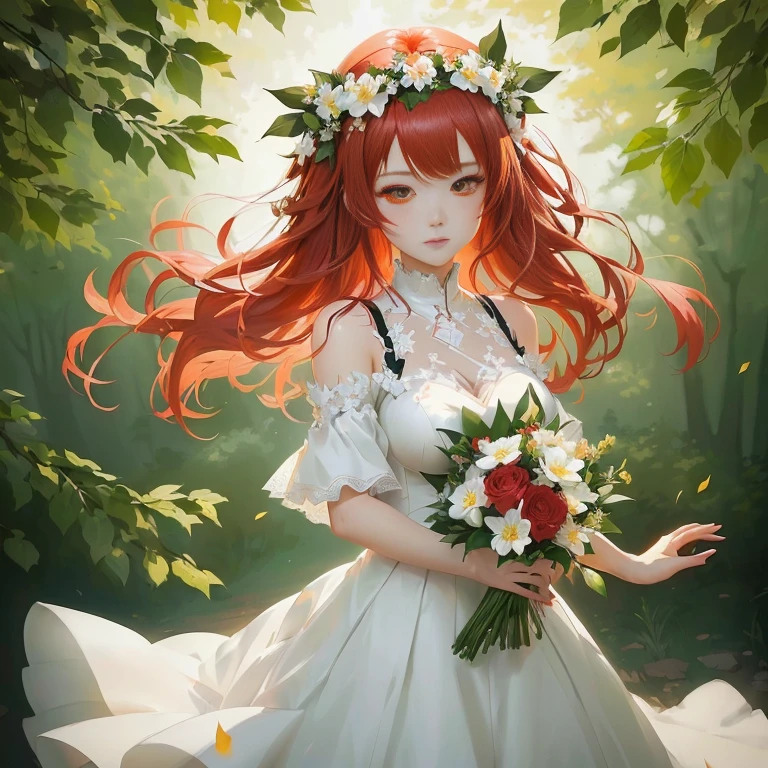 anime girl with red hair and white dress holding a bouquet, guweiz on pixiv artstation, guweiz on artstation pixiv, anime lush john 8k woods, rin, cute anime waifu in a nice dress, beautiful anime portrait, trending on artstation pixiv, beautiful anime girl, made with anime painter studio, zerochan art