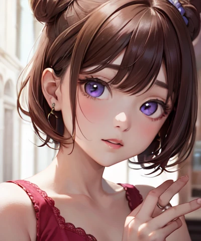 4K,masterpiece,Highest quality,Brown Hair,Medium Hair,girl,Pink Dress,Purple Eyes,front