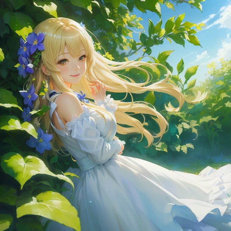 anime girl in a white dress standing in a bush with blue flowers, violet evergarden, painted in anime painter studio, smiling as a queen of fairies, anime visual of a cute girl, made with anime painter studio, daytime ethereal anime, smooth anime cg art, in dress, blonde anime girl with long hair