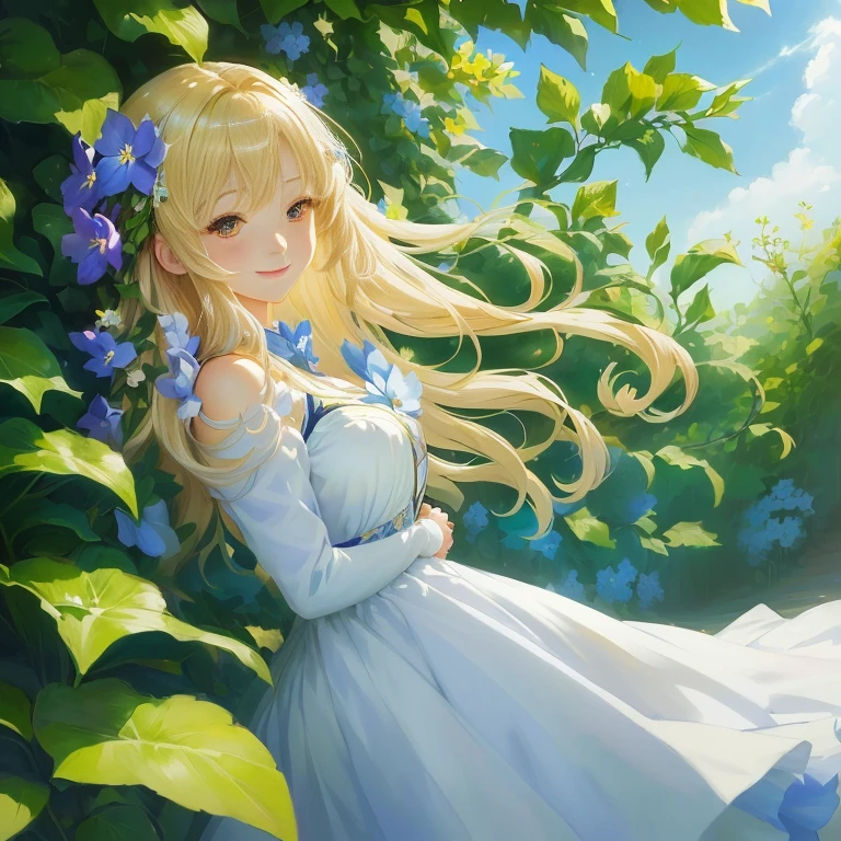 anime girl in a white dress standing in a bush with blue flowers, violet evergarden, painted in anime painter studio, smiling as a queen of fairies, anime visual of a cute girl, made with anime painter studio, daytime ethereal anime, smooth anime cg art,  in dress, blonde anime girl with long hair