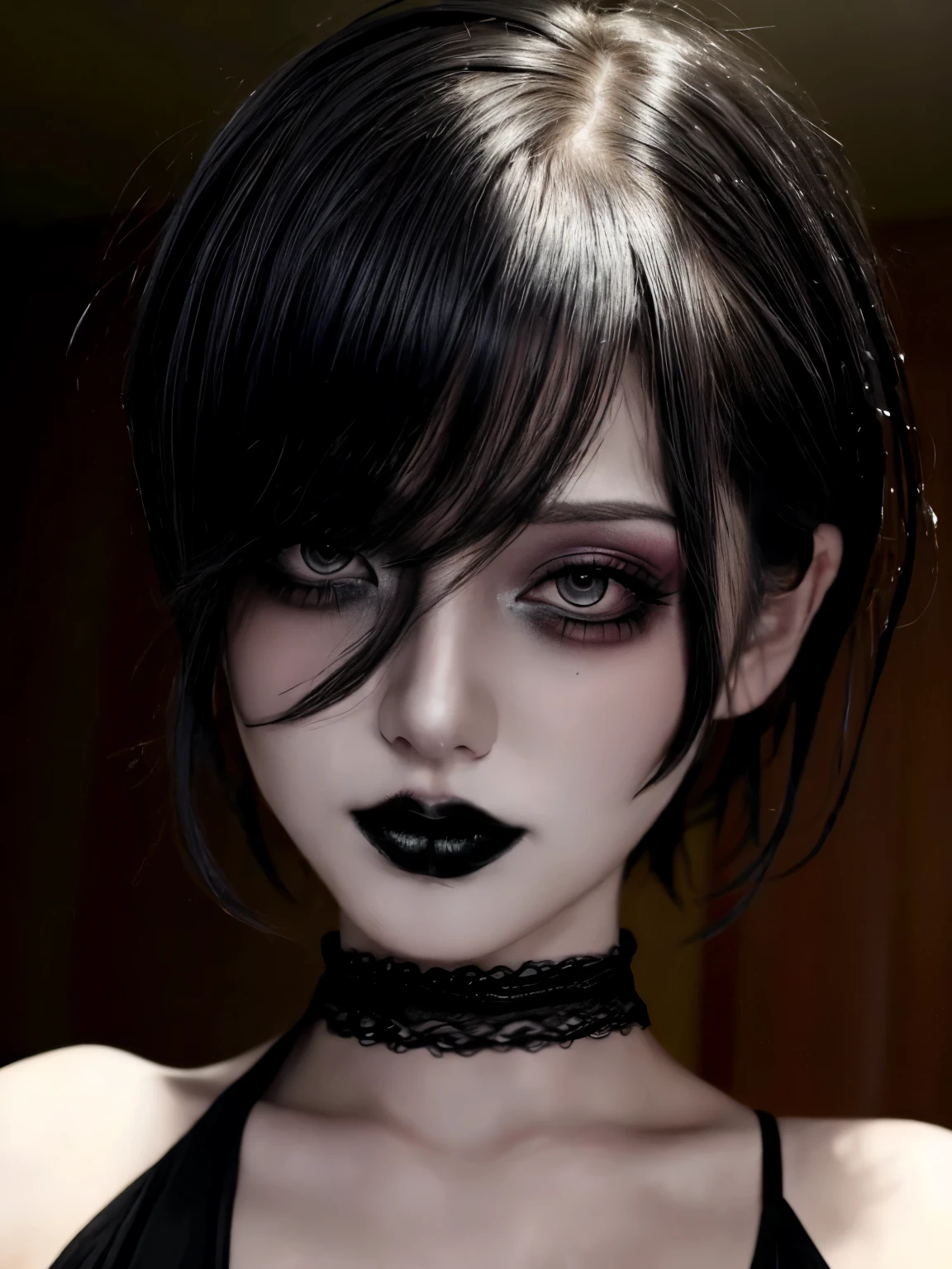 masterpiece, best quality,realistic,absurdres,1girl,looking at viewer, blush, short hair, living room, skinny, goth, goth girl, goth makeup, sweating, sweat, messy hair