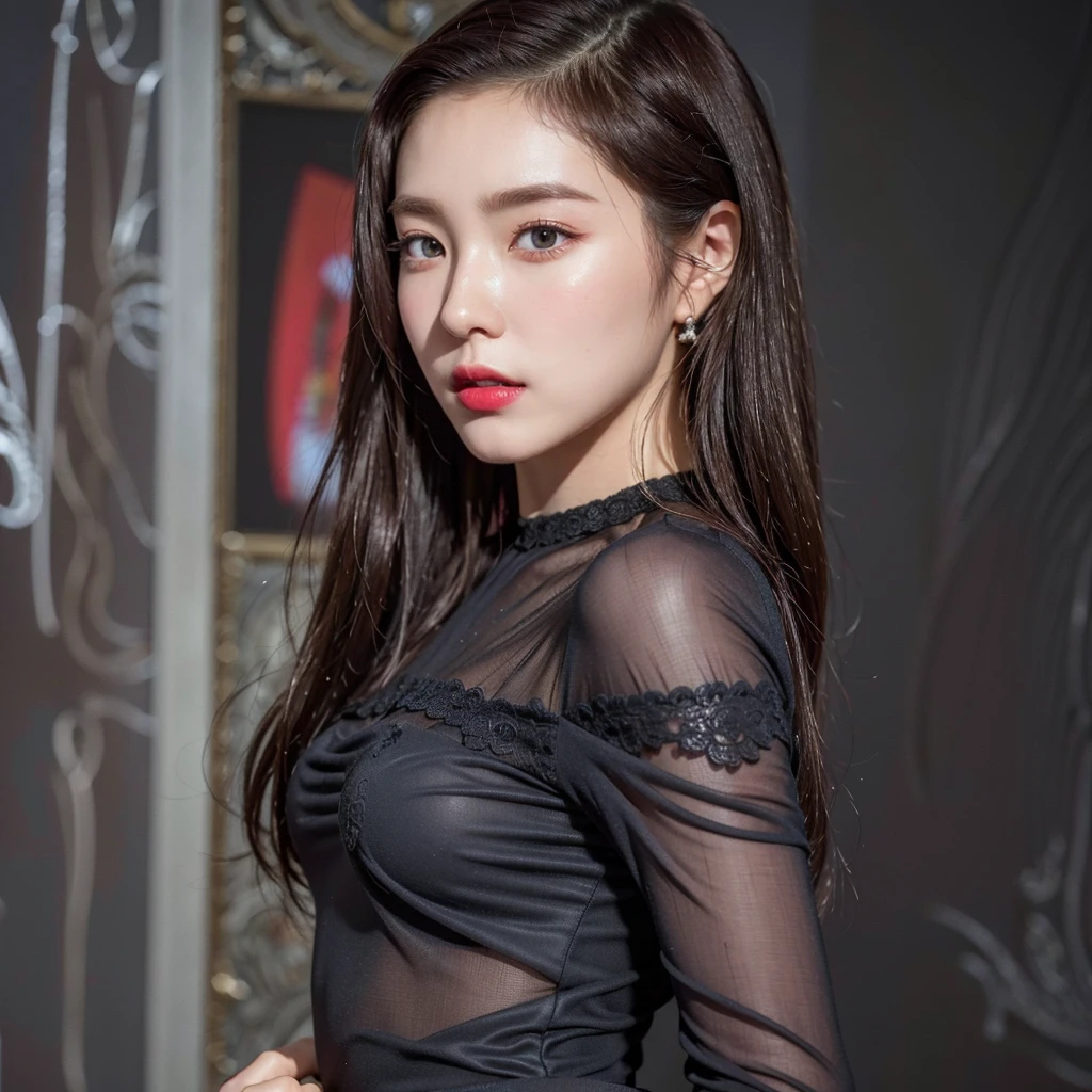Irene, (best quality, Ultra-detailed), (realistic:1.37), beautiful and detailed face, ultra-realistic texture, delicate face, delicate body, red lipstick, long-lasting colors. high definition, 8K.