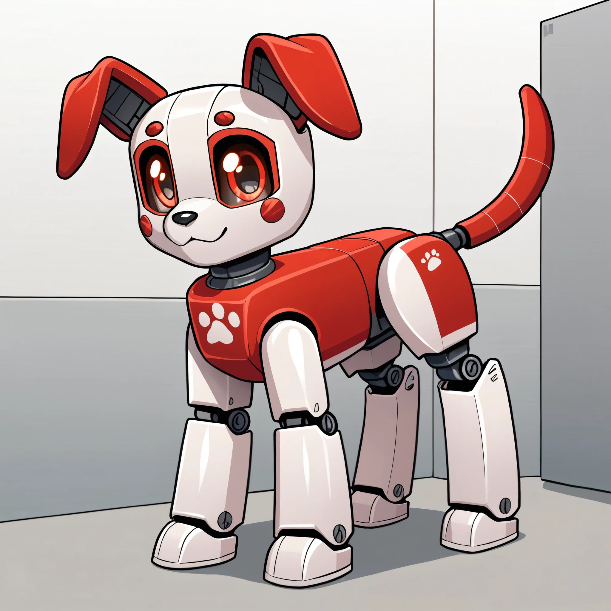 cute dogs, robots, whole body, standing in a room, red and white color, White background